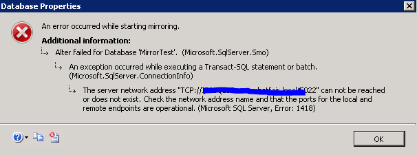 sql server 09 r2 database mirroring error 1418